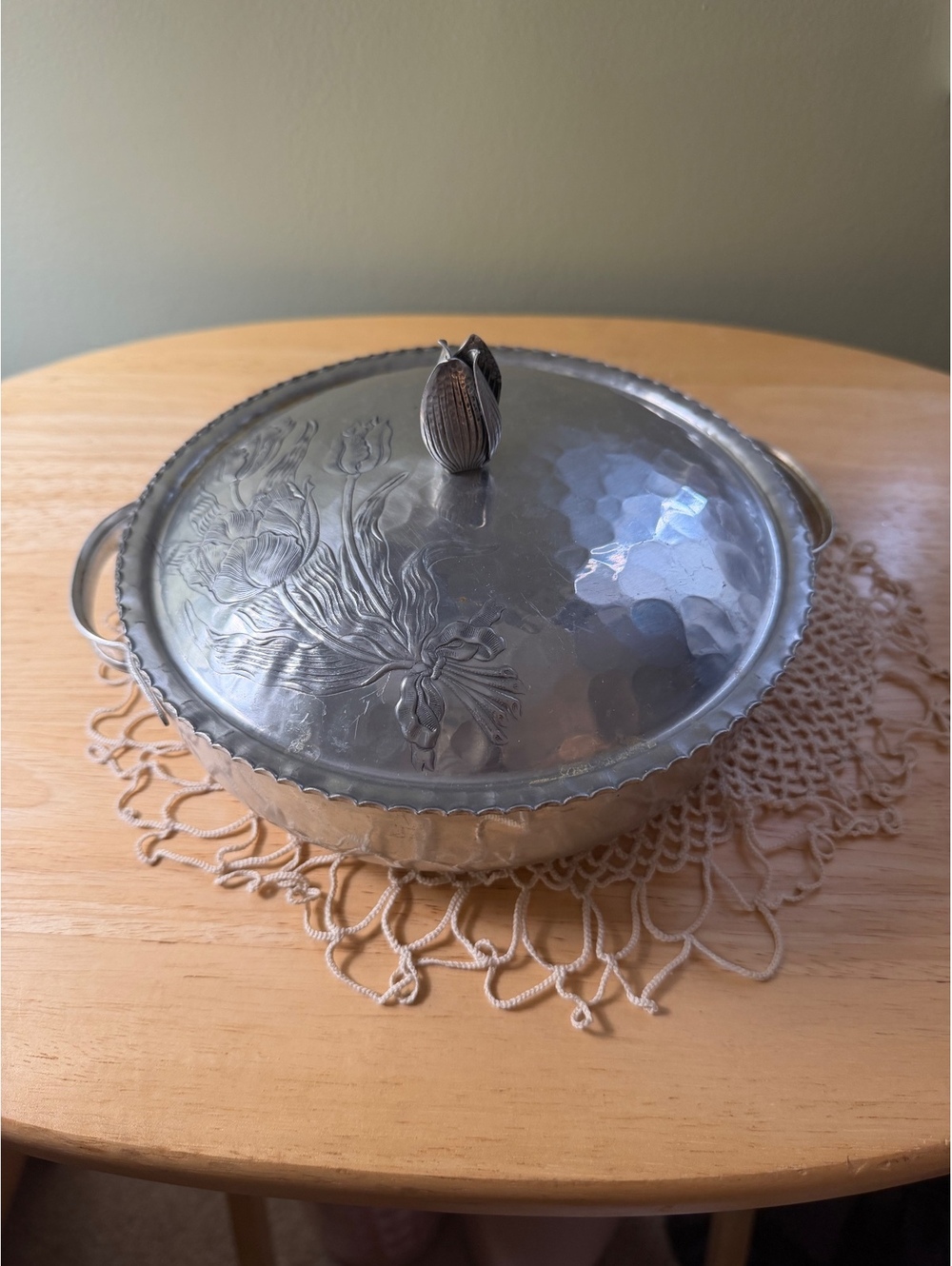 Vintage Hammered Metal Serving Dish with Floral Lid and Handles